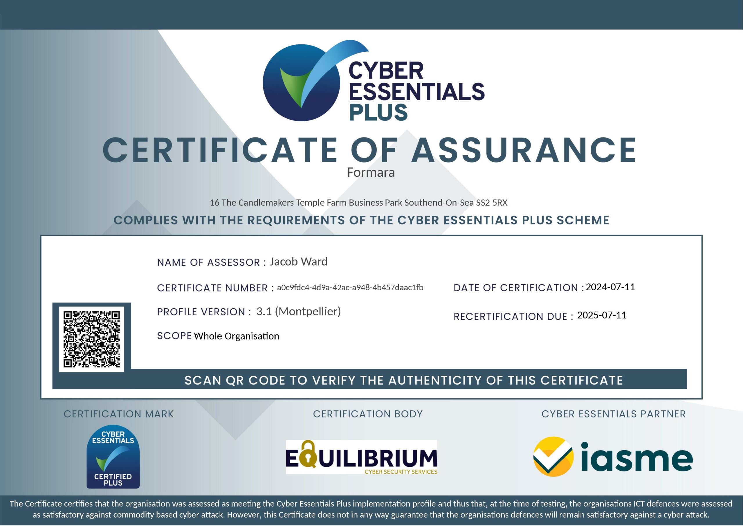 Cyber Essentials Plus certification certificate