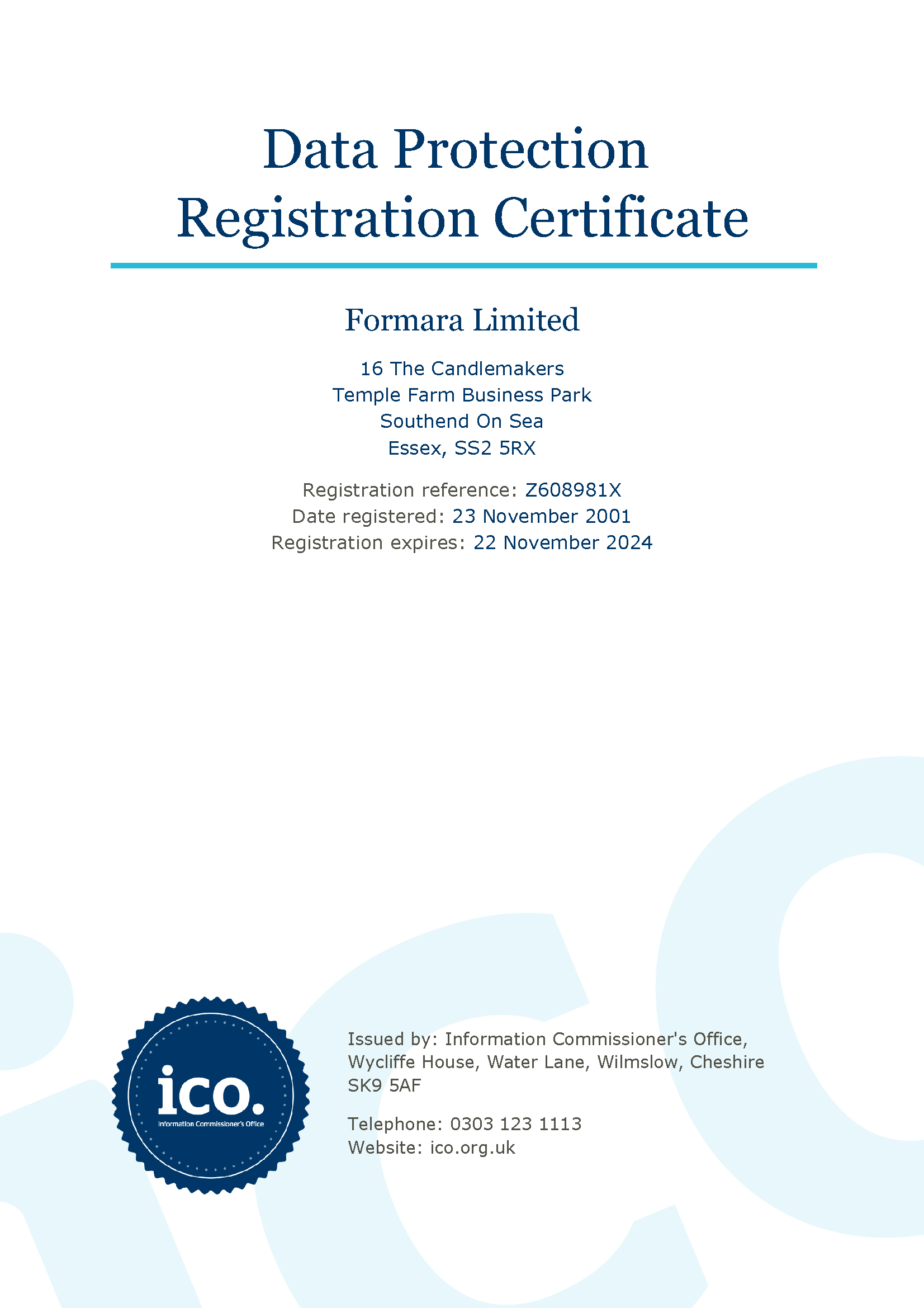 Data Protection Registration Certificate from the ICO