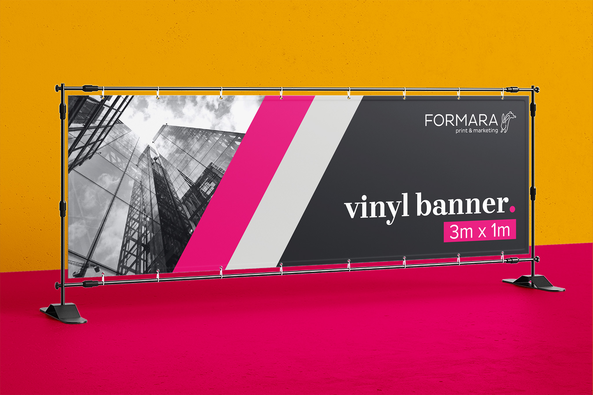 pink, black and white banner mockup mounted in a frame on a yellow background