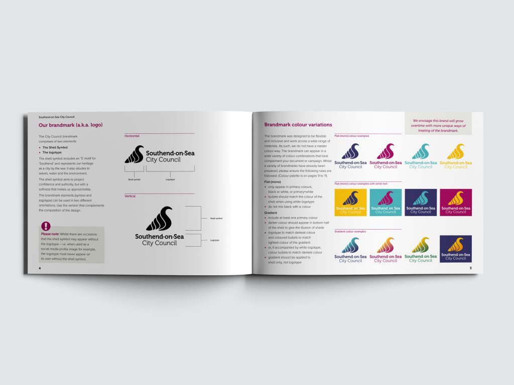 Image of Southend City Council rebrand booklet, showcasing the different logo choices and sizes