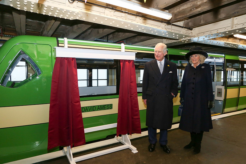 King Charles III and Queen Consort Camilla in Southend-on-Sea, standing in front of the David Amess train during the city status proclamation.