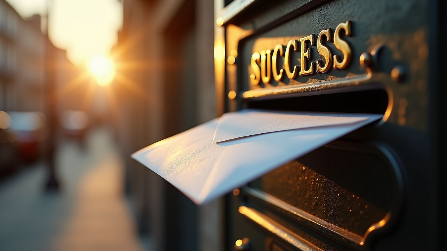 A close-up image of a black mailbox with the word "SUCCESS" engraved in gold at the top. Two white envelopes are partially inserted into the mailbox slot. Depicting direct mail success