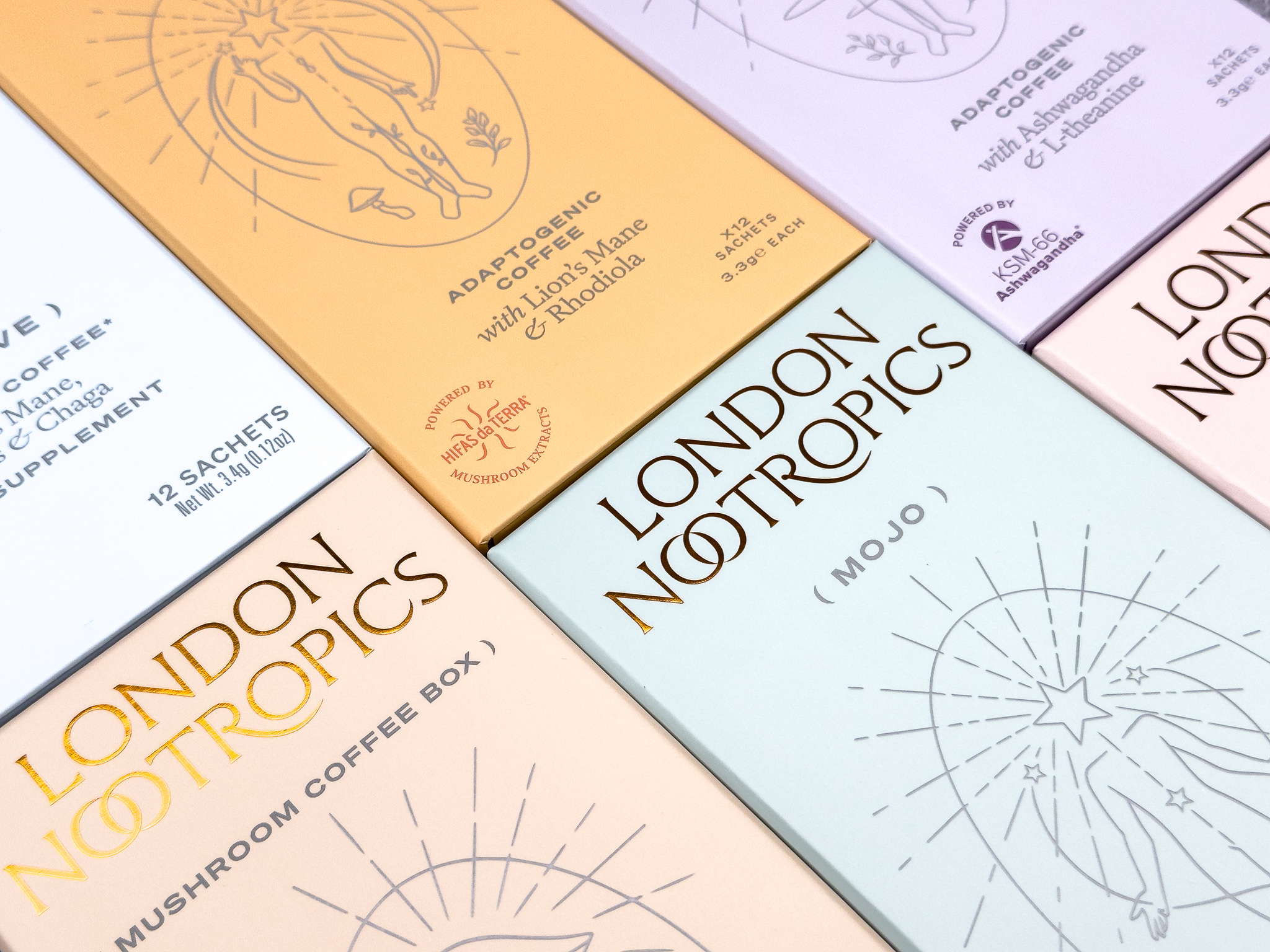 A premium coffee box redesign for London Nootropics, featuring elegant, eco-friendly packaging that enhances the unboxing experience.