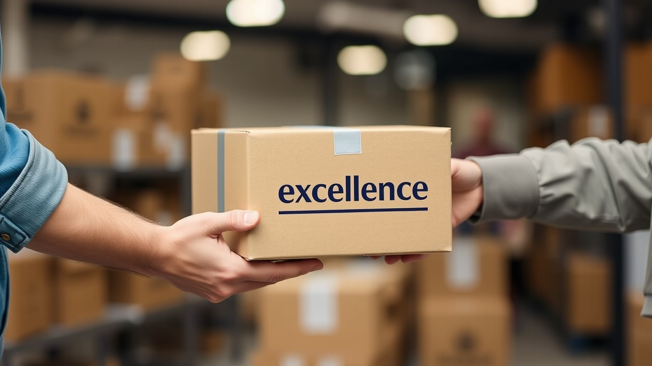 A person delivering a box with the word "Excellence" printed on it to a customer to portray exceptional customer service