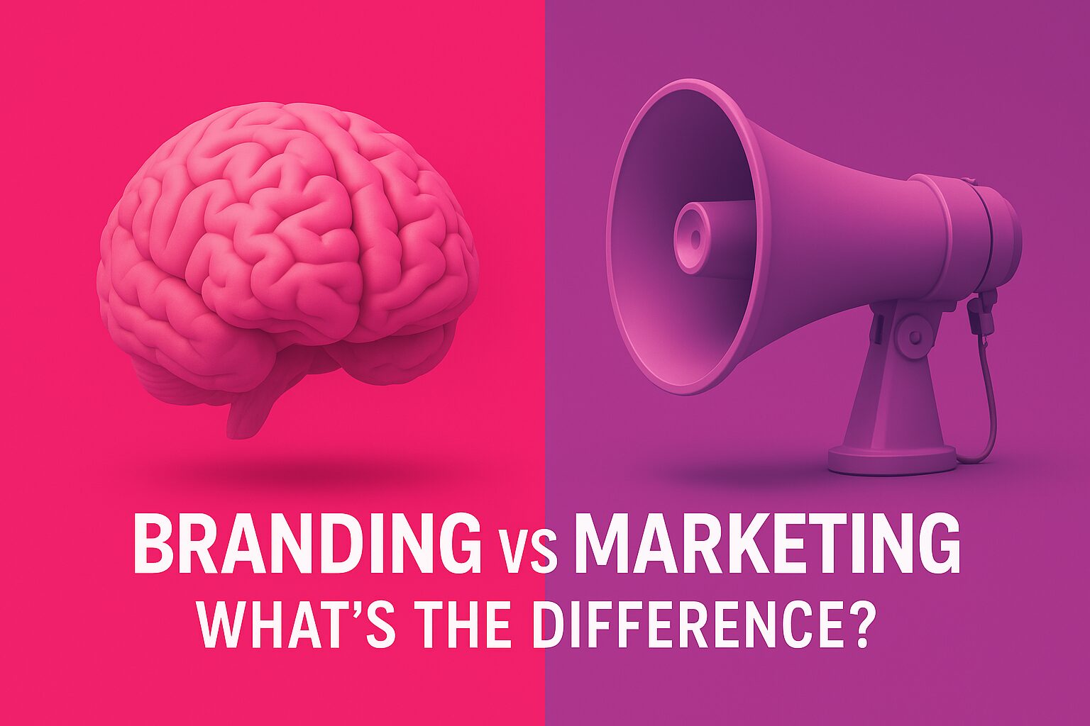 Split image showing a pink brain representing branding and a purple megaphone symbolising marketing, with the title "Branding vs Marketing: What’s the Difference?