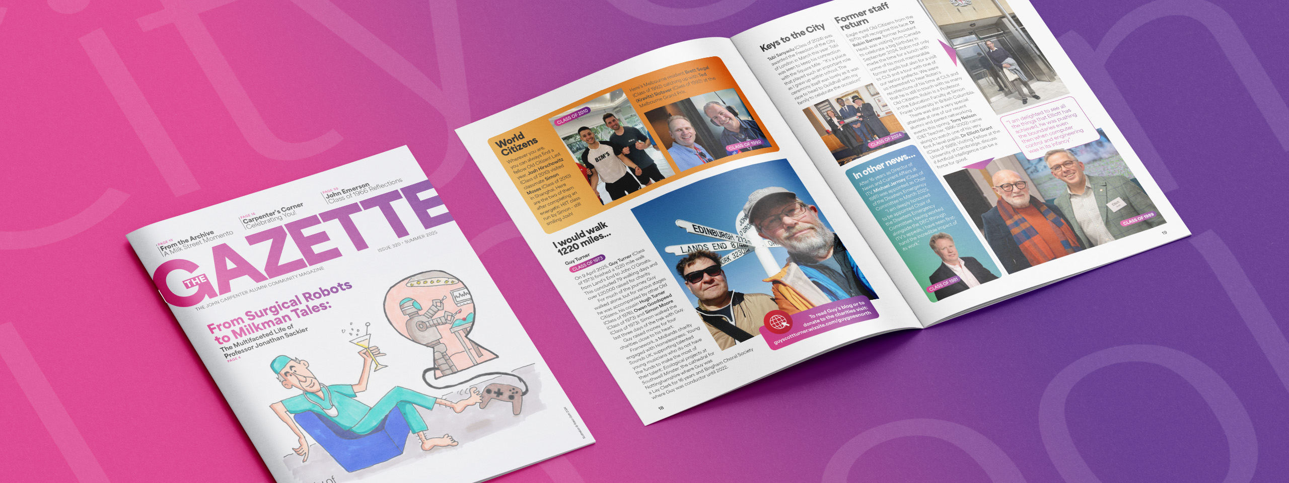 Flat lay of the redesigned City of London School Gazette showing the new cover and open internal spread, created as part of the Redesigning the City of London School Gazette project.