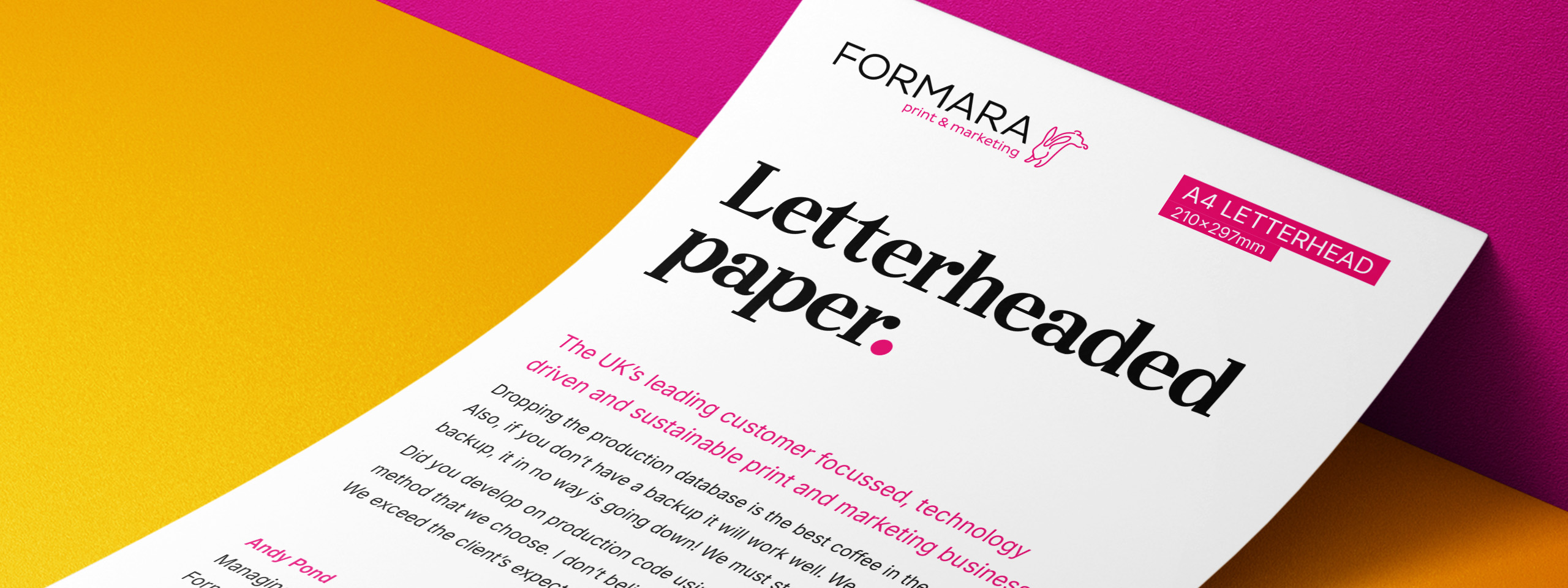 Letterheaded paper on a colorful background featuring printing specifications and company branding with logo and text.
