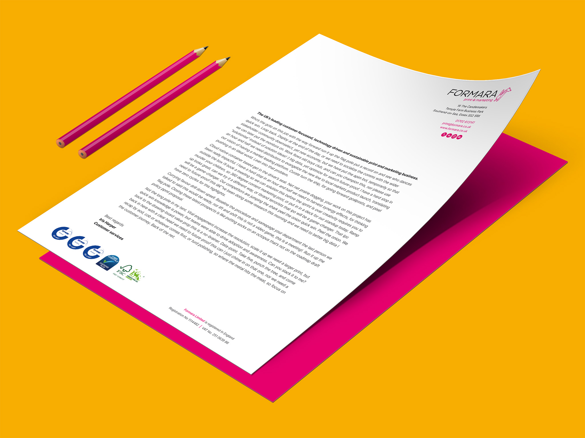 Letterhead printing on premium paper stock, showing professional company branding and contact details.