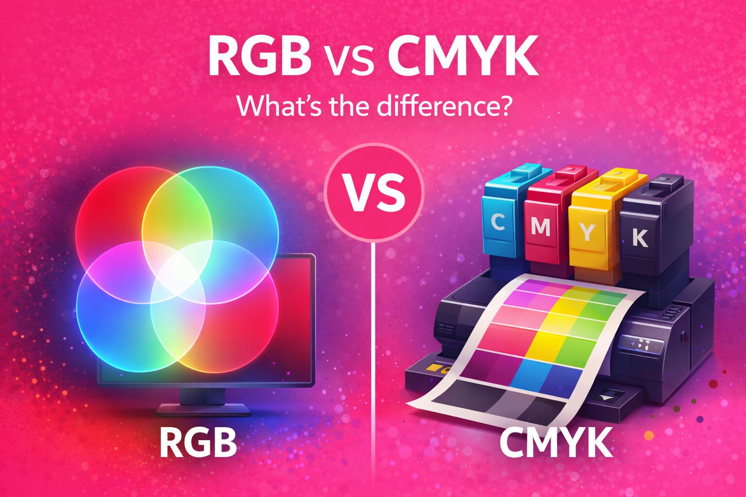 RGB color wheel on a monitor vs CMYK printer with color chart, illustrating the difference between RGB and CMYK color models.