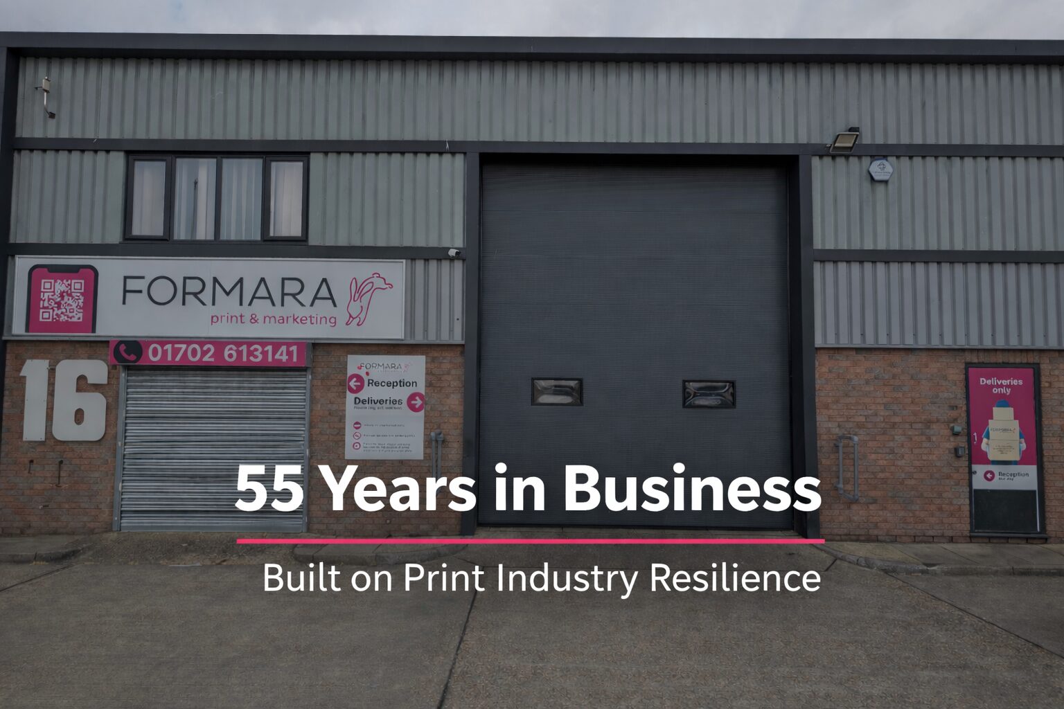 Exterior of Formara print & marketing building in honour of them celebrating 55 years in business, showcasing resilience and evolution in the UK print industry