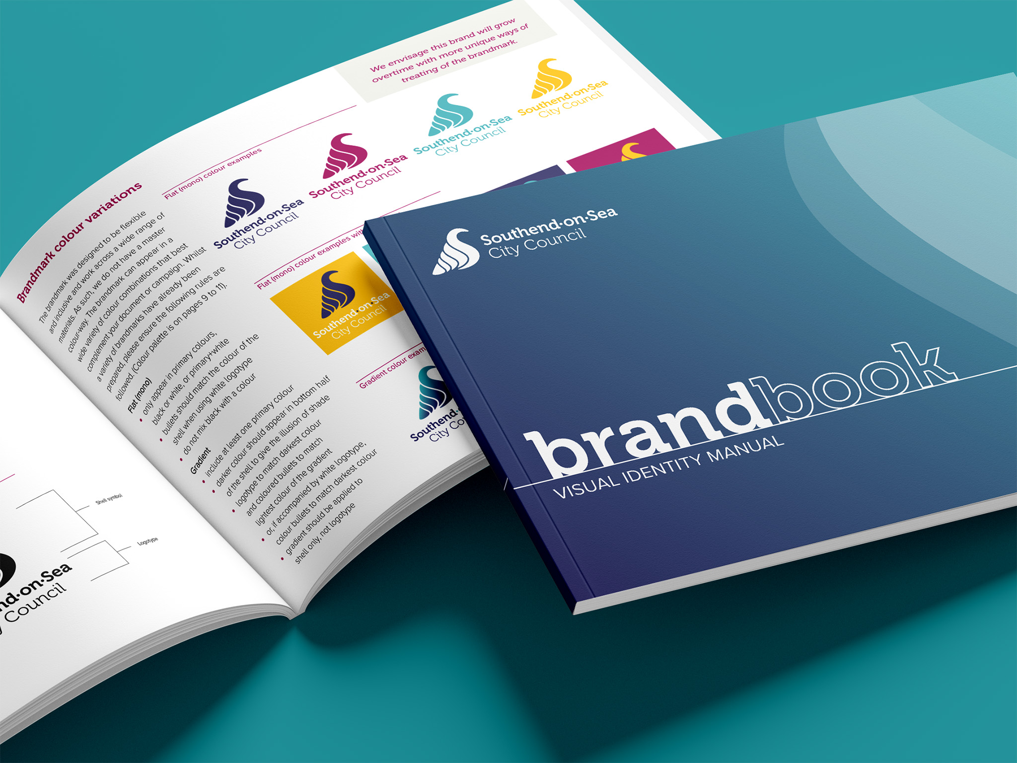 Closed and open brandbook for Southend-on-Sea City Council, displaying visual identity guidelines and logo variations.