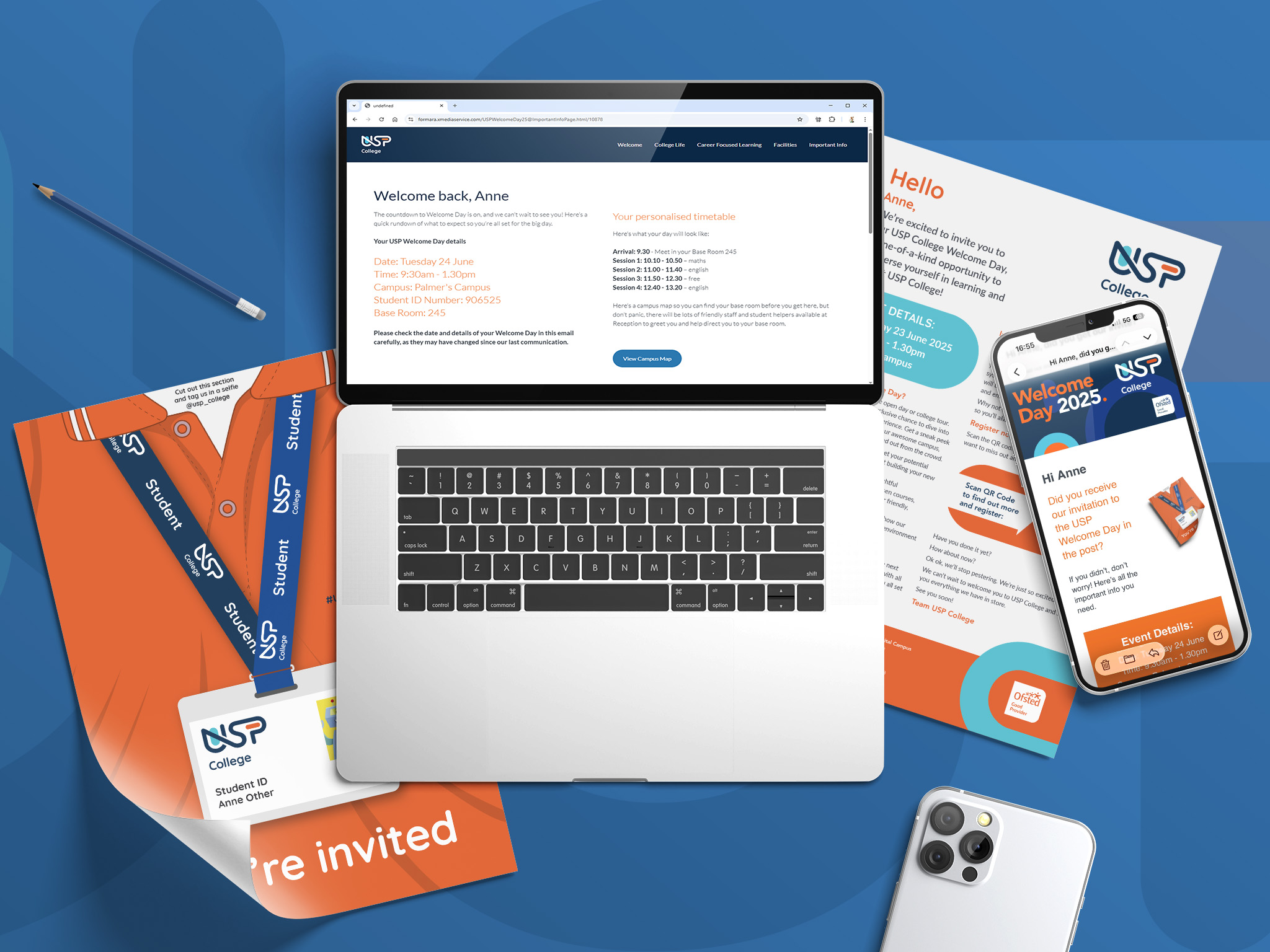 Laptop displaying USP welcome page surrounded by student materials, smartphone, lanyard, and invitation on desk.