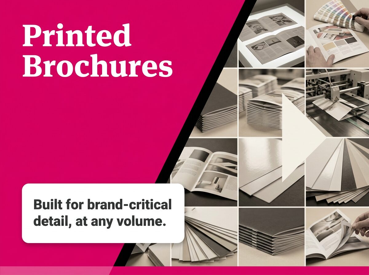 Collage of printed brochures being designed, assembled, and displayed, highlighting high-quality print production.