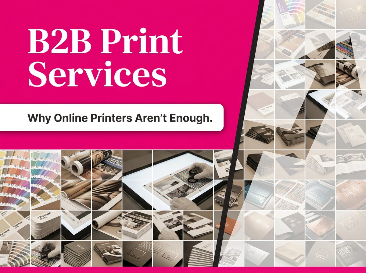 Alt text: "B2B print services banner highlighting why online printers aren’t enough, with images of print products and color