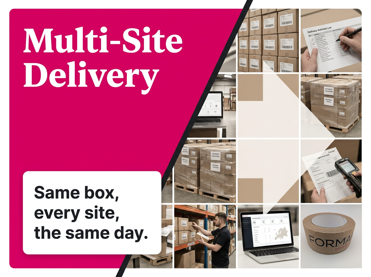 Multi-site print delivery process showing labeled boxes, order tracking, and consistent packaging by Formara.