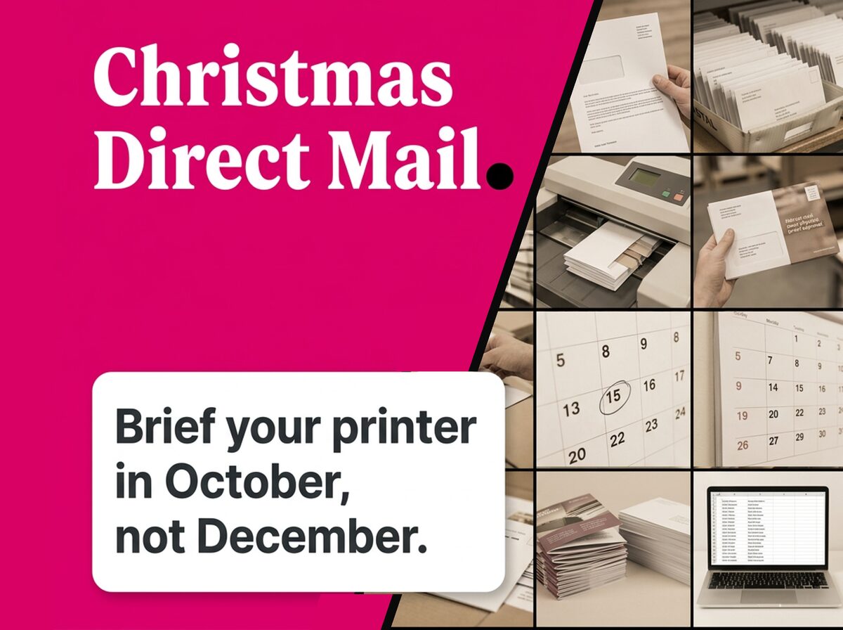 Christmas direct mail marketing tips with images of mail preparation and a reminder to brief your printer in October.